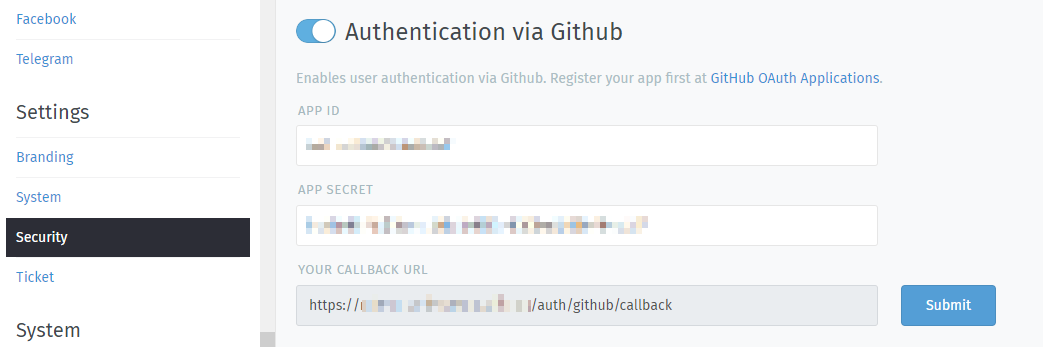 GitHub config in Zammad admin interface