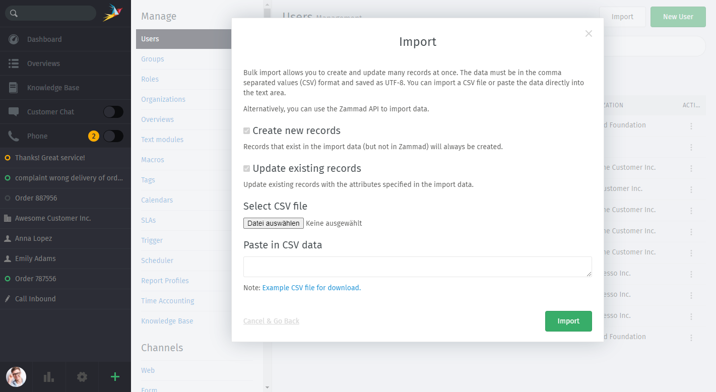The CSV import dialog