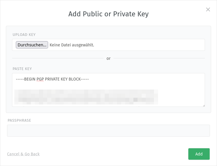 Screenshot of adding a key via pasting