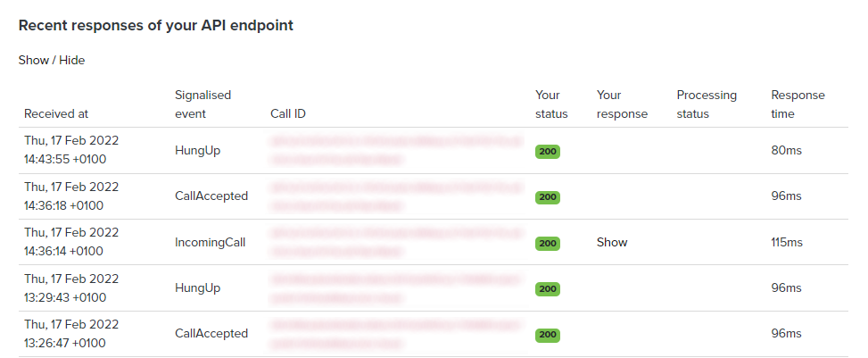 Screenshot showing sample log entries for Placetels API calls to Zammad