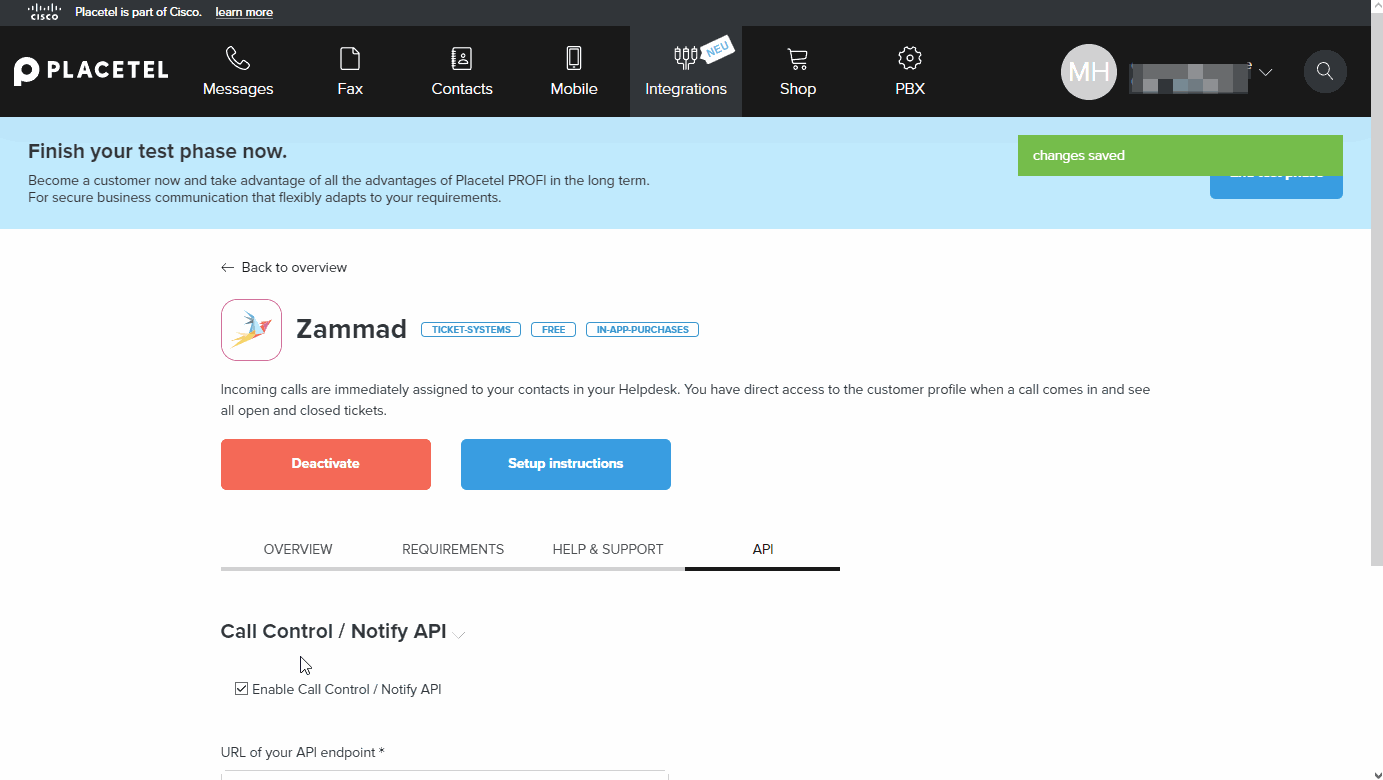 Screencast showing how to retrieve an API token from Placetel for Zammad