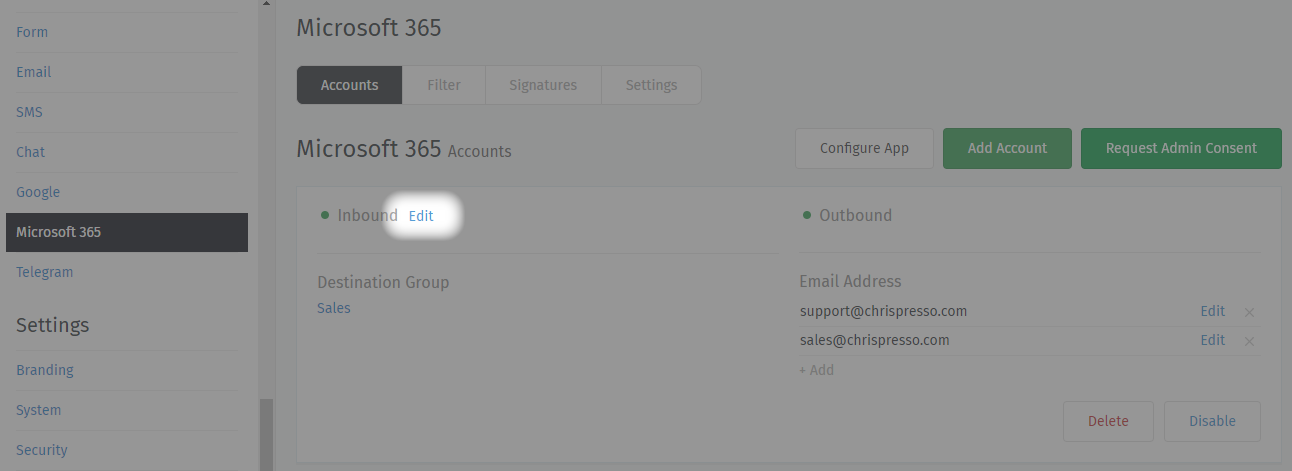 Location of account details settings for existing accounts