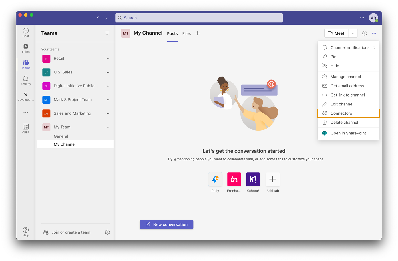 Connectors menu item in a Teams Channel