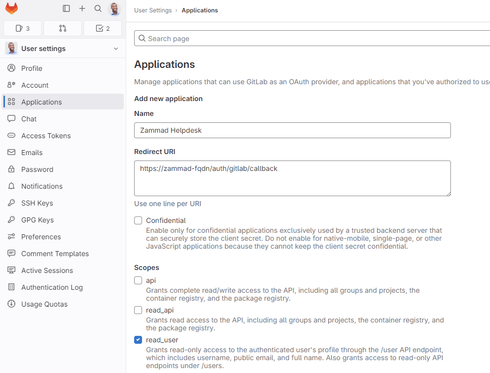 Register OAuth app on gitlab instance