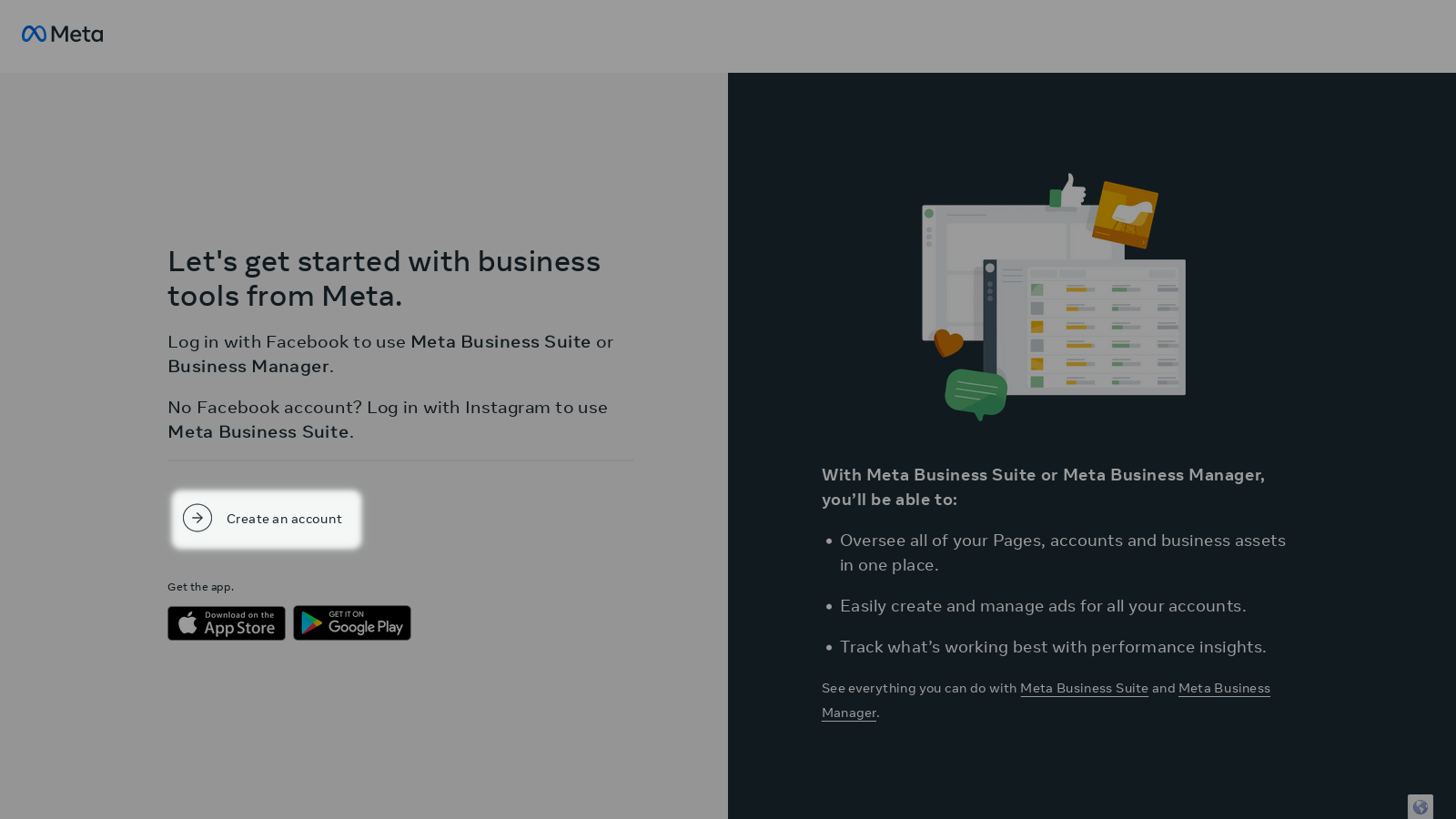 Meta business account starting page