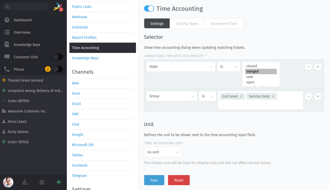 Time Accounting Management Screen in Zammad