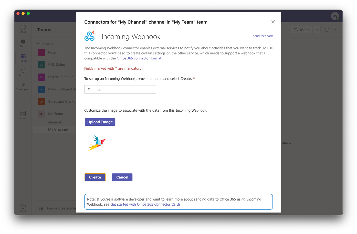 Creating Incoming Webhook Connector