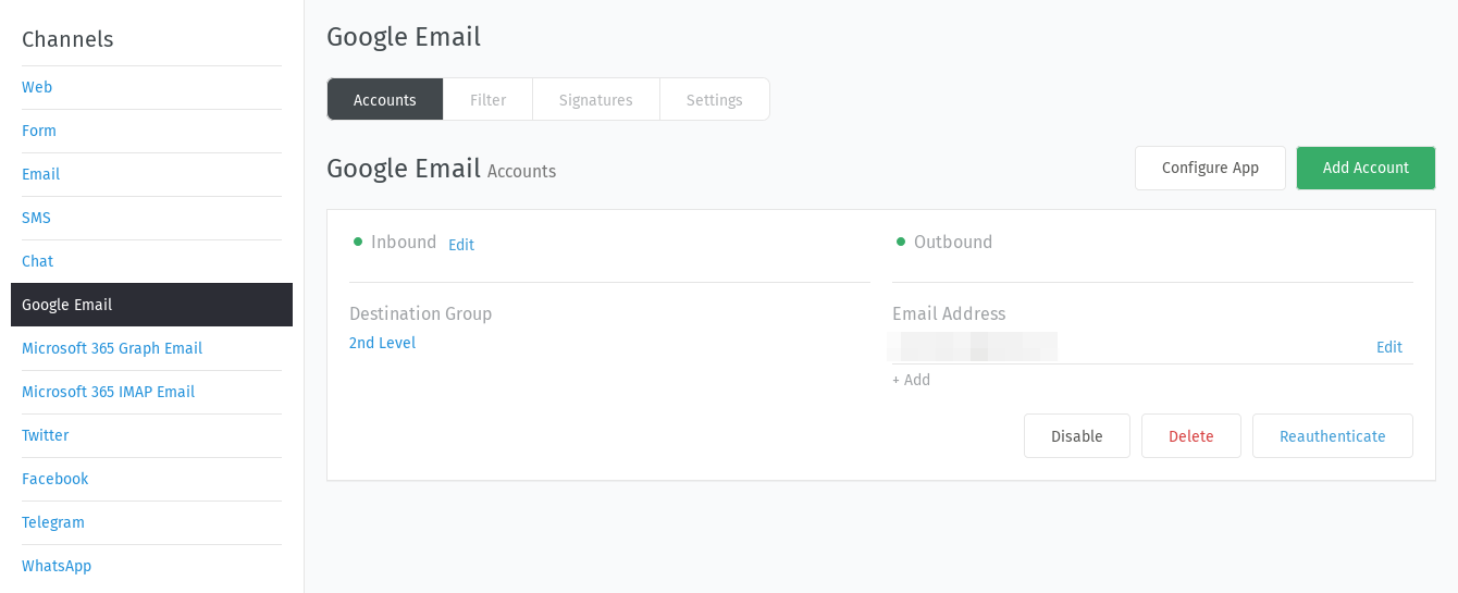 Google channel settings panel