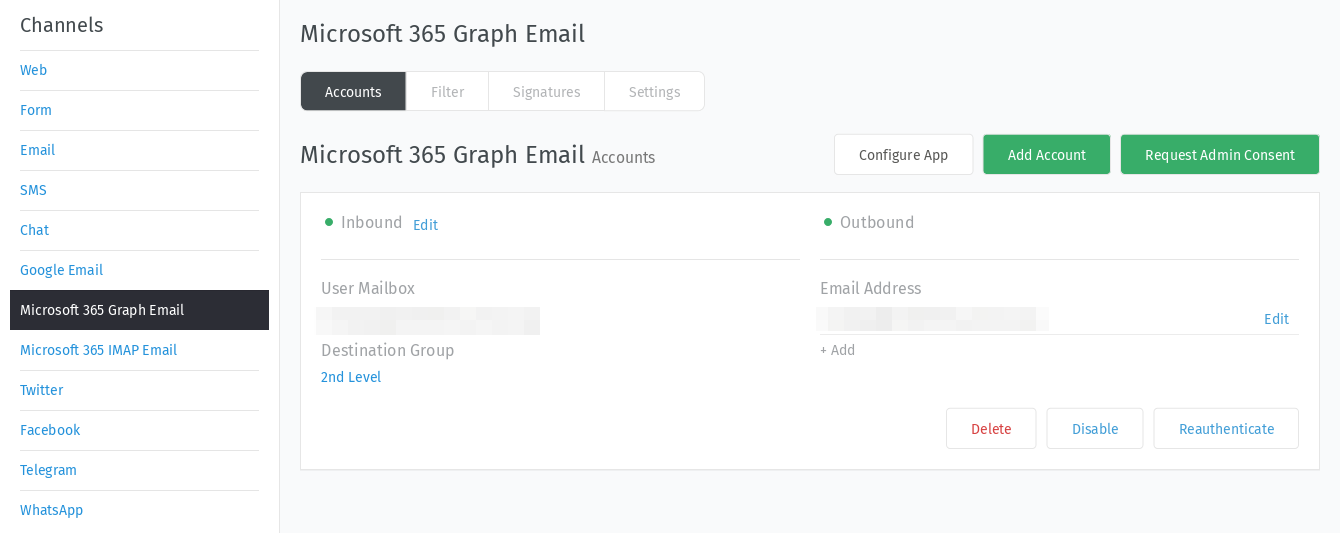 Email settings panel