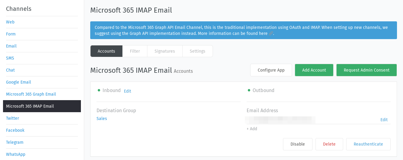 Email settings panel