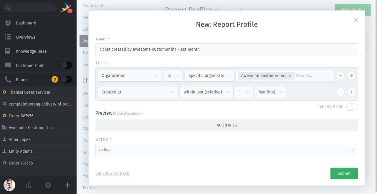 Screenshot shows creation of report profile