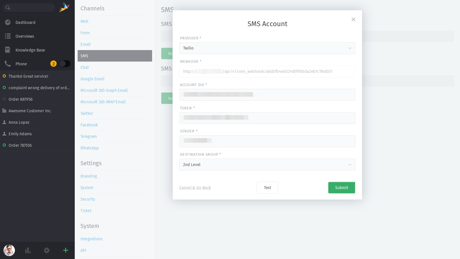 Channel settings SMS
