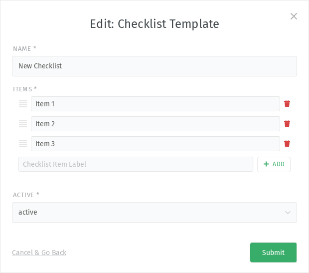 Screenshot showing the checklist template edit dialog.