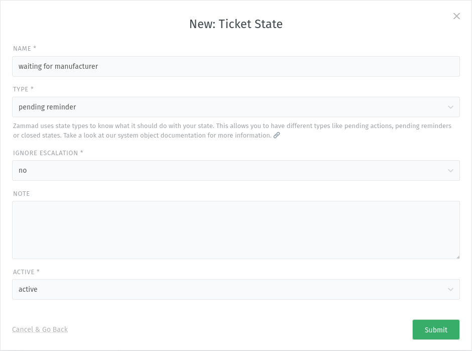 Screenshot showing ticket state creation dialog with example
