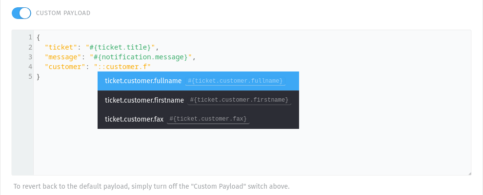 Custom payload code editor with variable auto completion