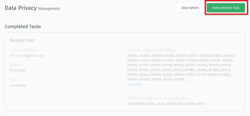 Screenshot shows the data privacy section in Zammad's settings with highlighted sections.
