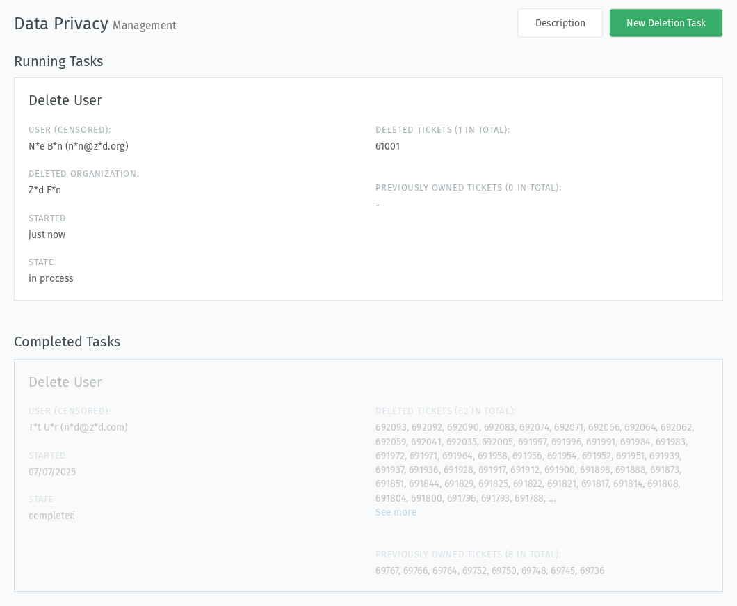 Screenshot shows the data privacy section in Zammad's settings with a finished and a running task