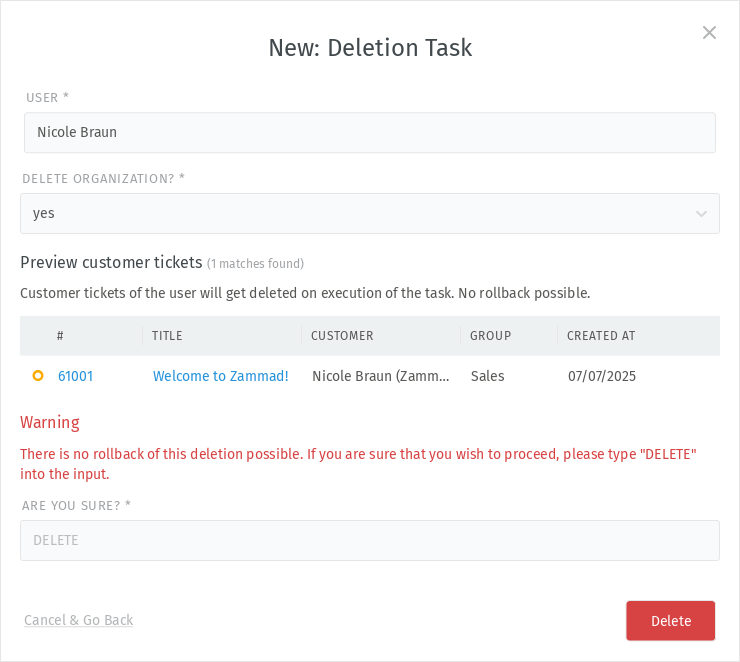 Screenshot shows the dialog for creating a deletion task.