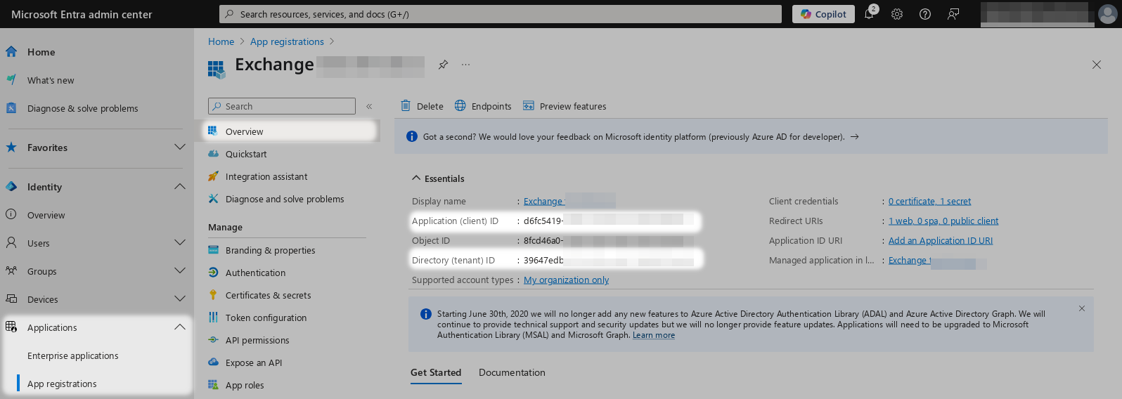 Screenshot shows app overview in Microsoft's Entra admin center