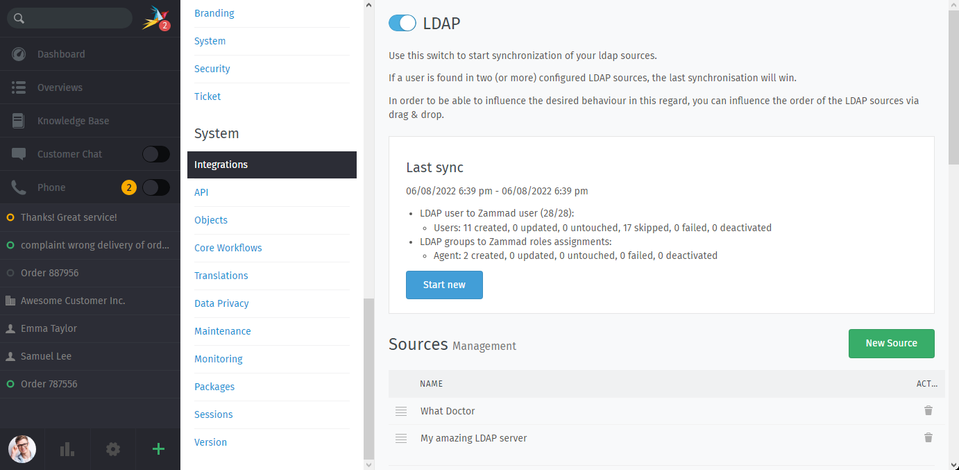 Screenshot shows Zammad's LDAP settings.