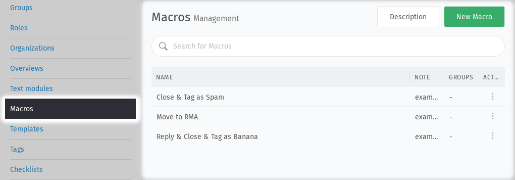 Screenshot of "Macros" page in admin panel