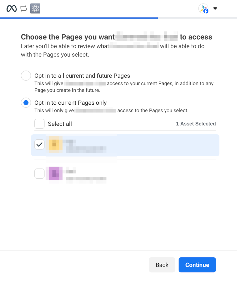 Screenshot showing pages selection from Meta