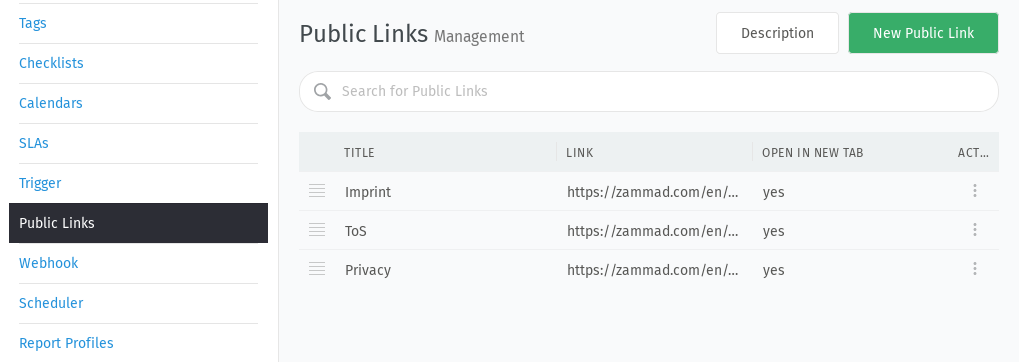 Screenshot showing the public links management interface within the settings