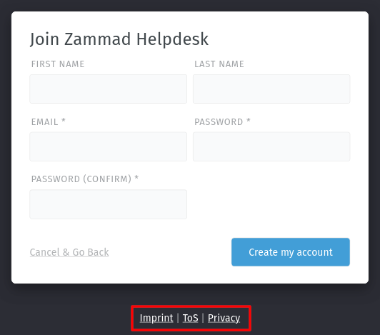 Screenshot showing Zammad's signup page with custom public links