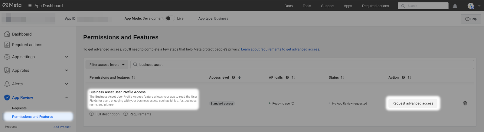 Screenshot showing permission and features screen in the Facebook developer portal