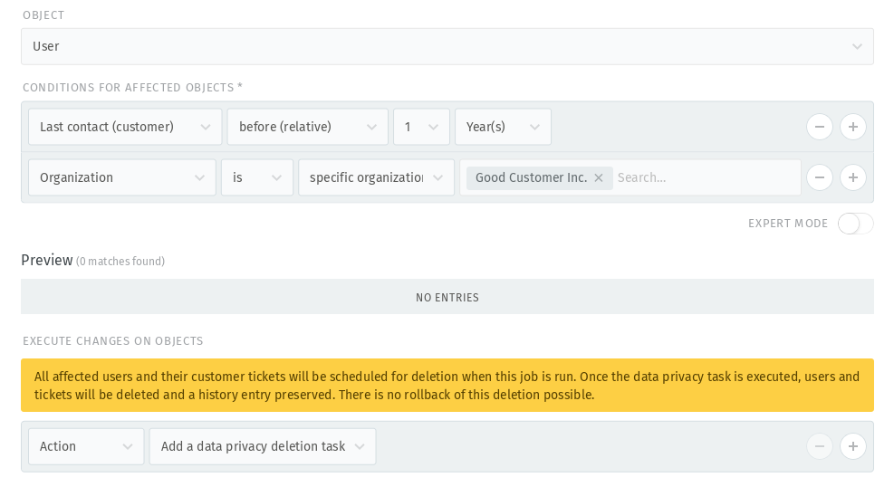 Screenshot shows important scheduler configuration for a deletion task
