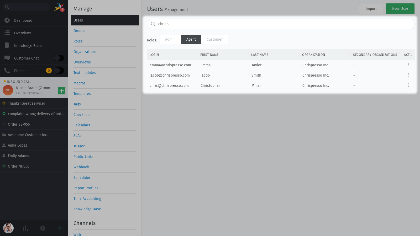 Screenshot shows selected role and search term in user management.