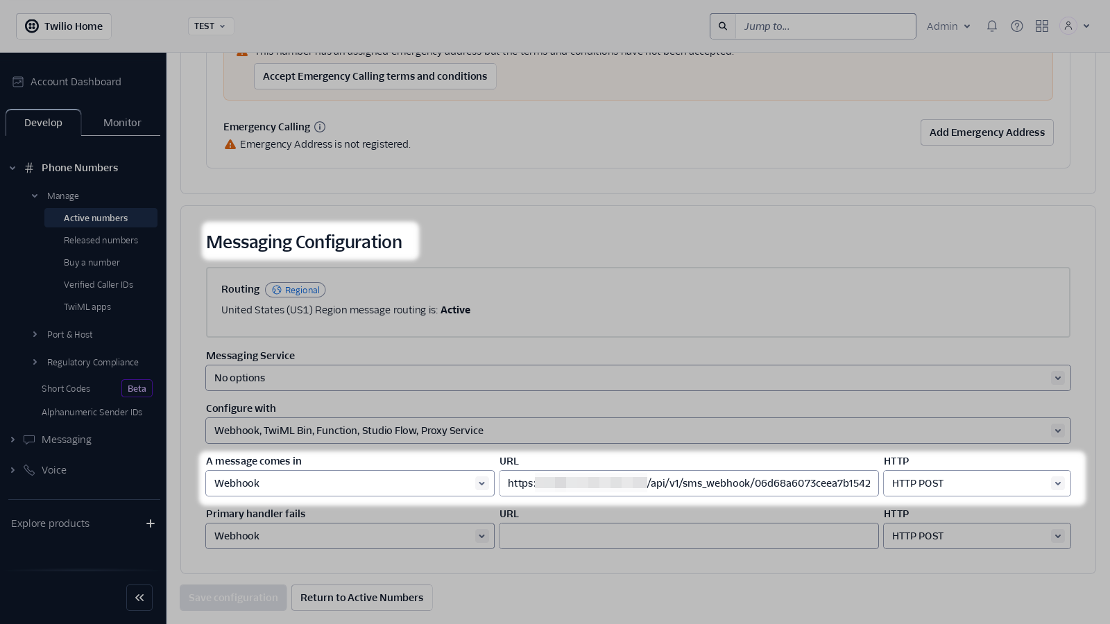 Twilio number configuration
