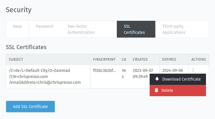 Screenshot showing certificate deletion button