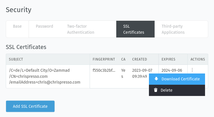 Screenshot showing certificate download button