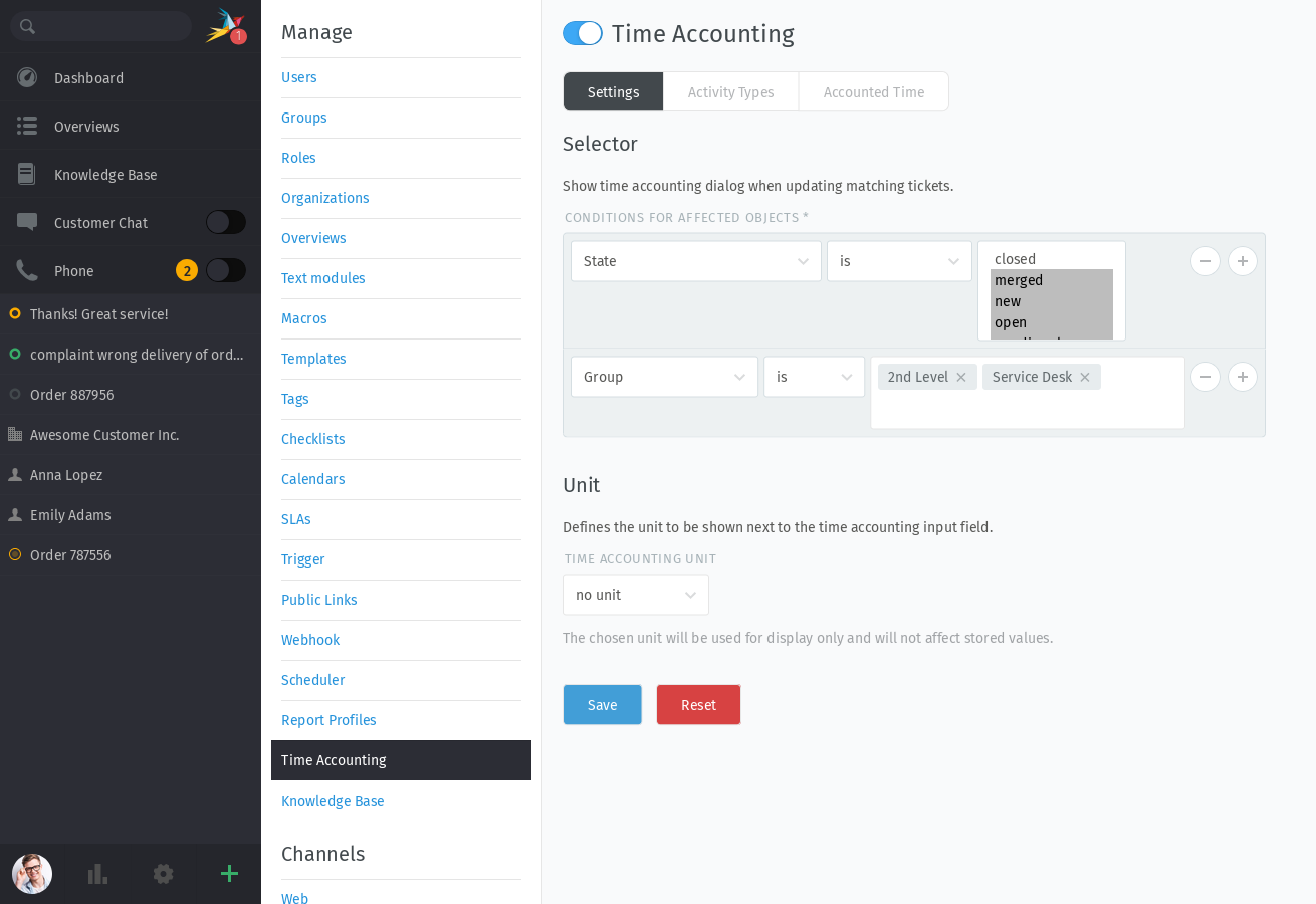 Time Accounting Management Screen in Zammad