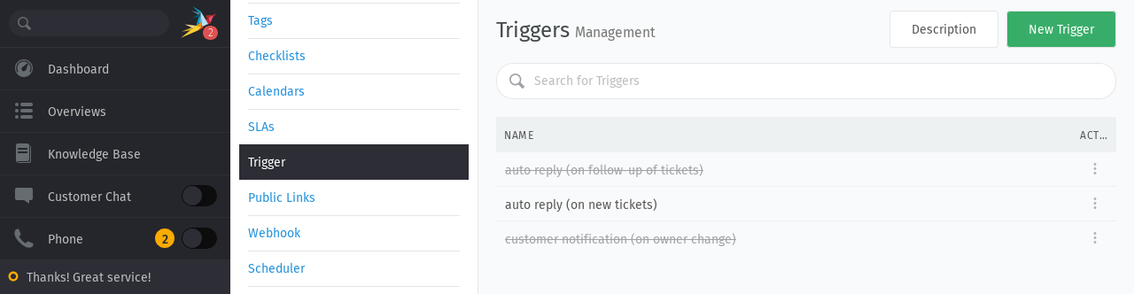 Screenshot of “Triggers” page in admin panel