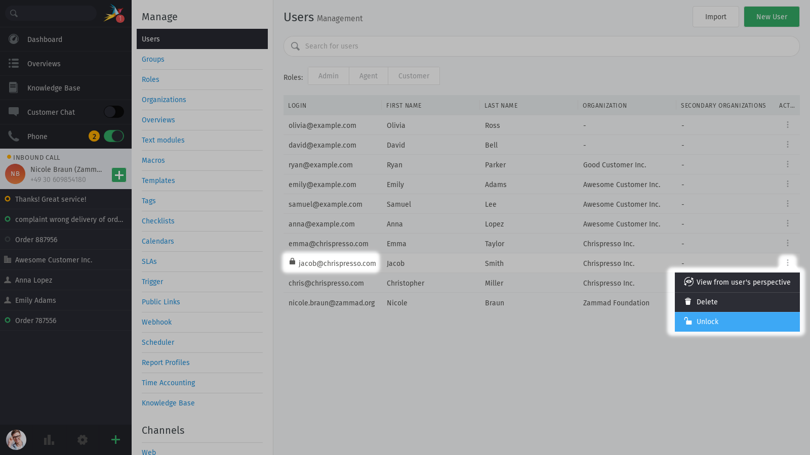 Screenshot shows locked user indicator and context menu to unlock the account.