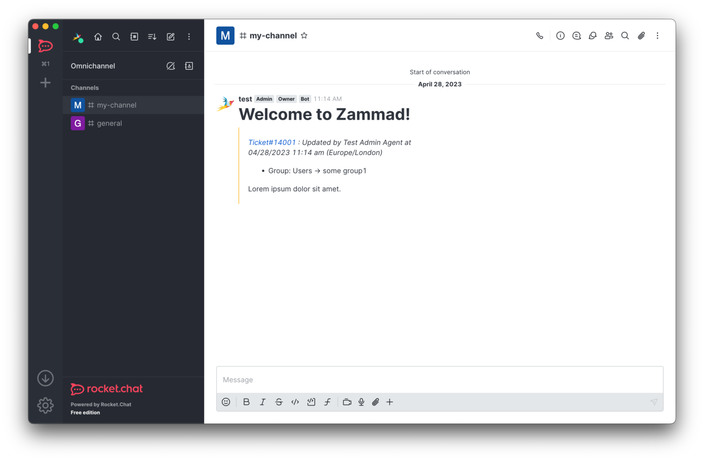 Sample Rocket Chat Channel Notification