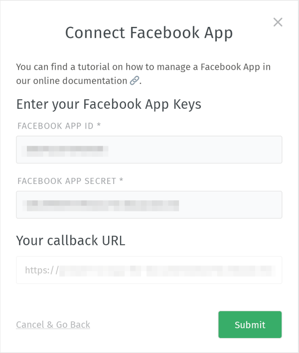 Screenshot showing "Connect Facebook App" dialog in Zammad