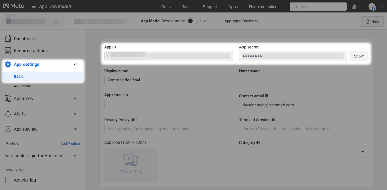 Screenshot showing basic settings section of app settings