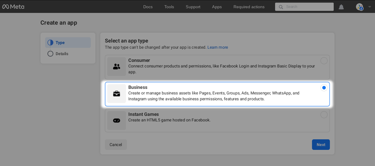 Screenshot of app creation with highlighted app type