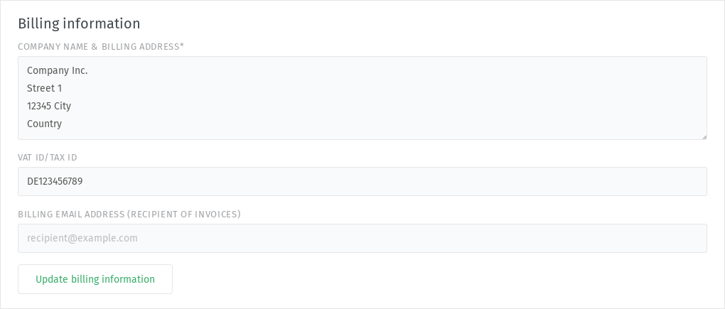 Screenshot showing options for billing information within the subscription menu