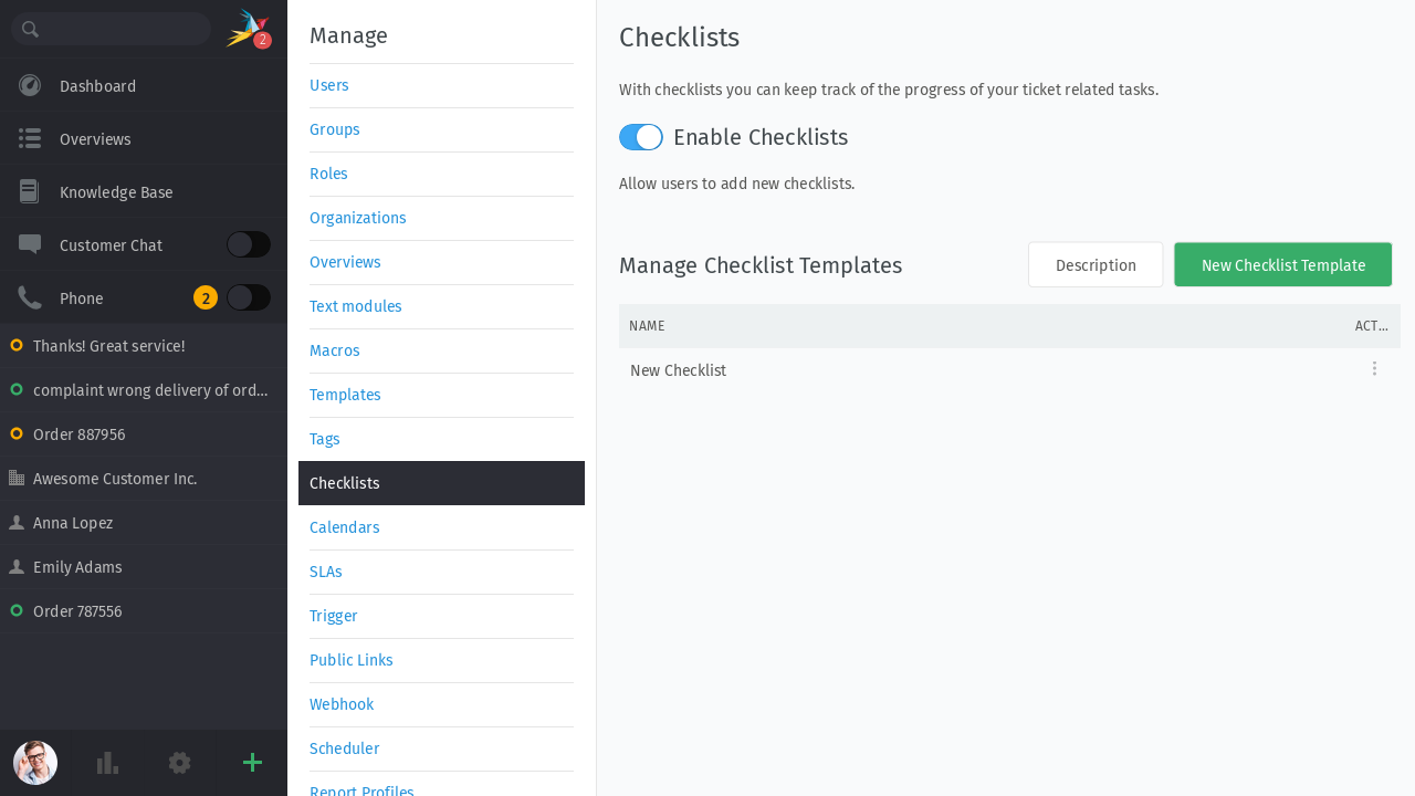 Screenshot showing checklist feature in admin area.