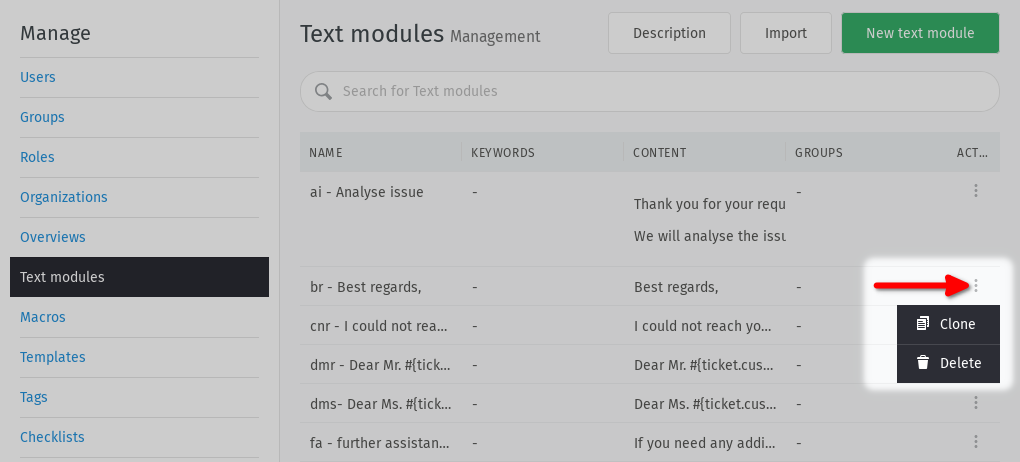 Screenshot shows action menu of a text module with highlighted clone and delete buttons.