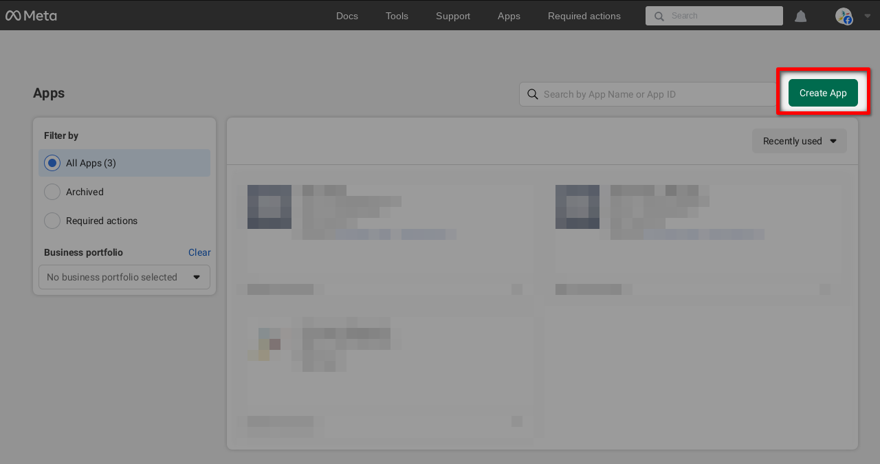 Screenshot of Meta's app dashboard with highlighted "Create App" button