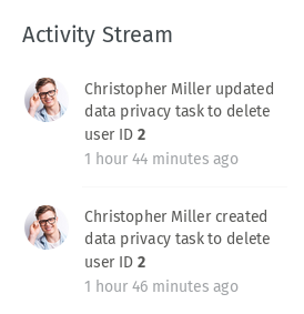 Screenshot shows the activity stream from Zammad's dashboard with 2 deletion task entries