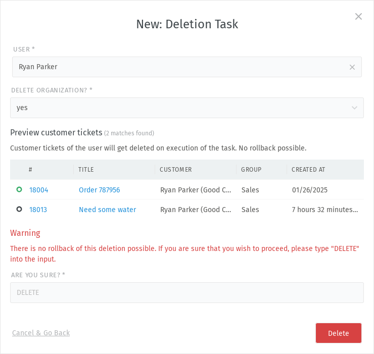 Screenshot shows deletion task with deletion of user's organization.