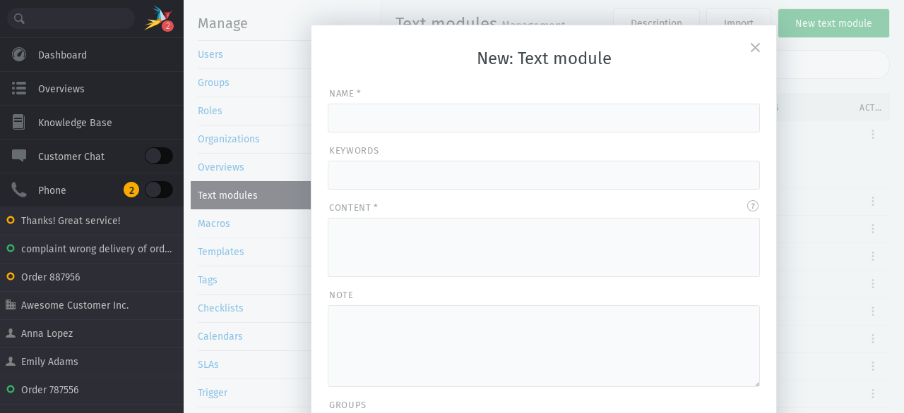 Screenshot shows the article editor with the usage of text modules.