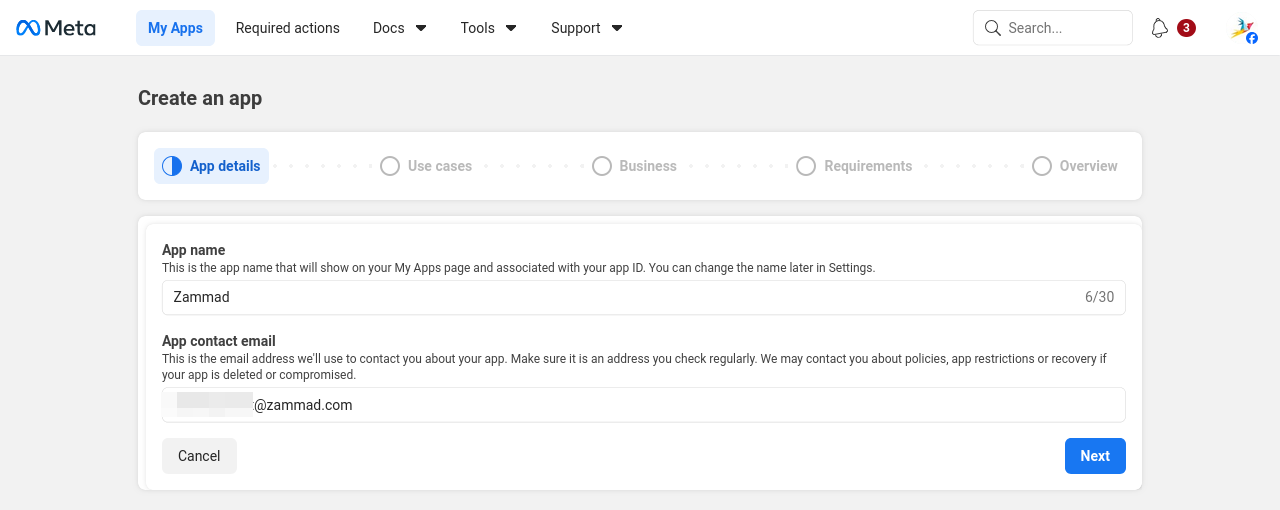 Meta app creation step 1