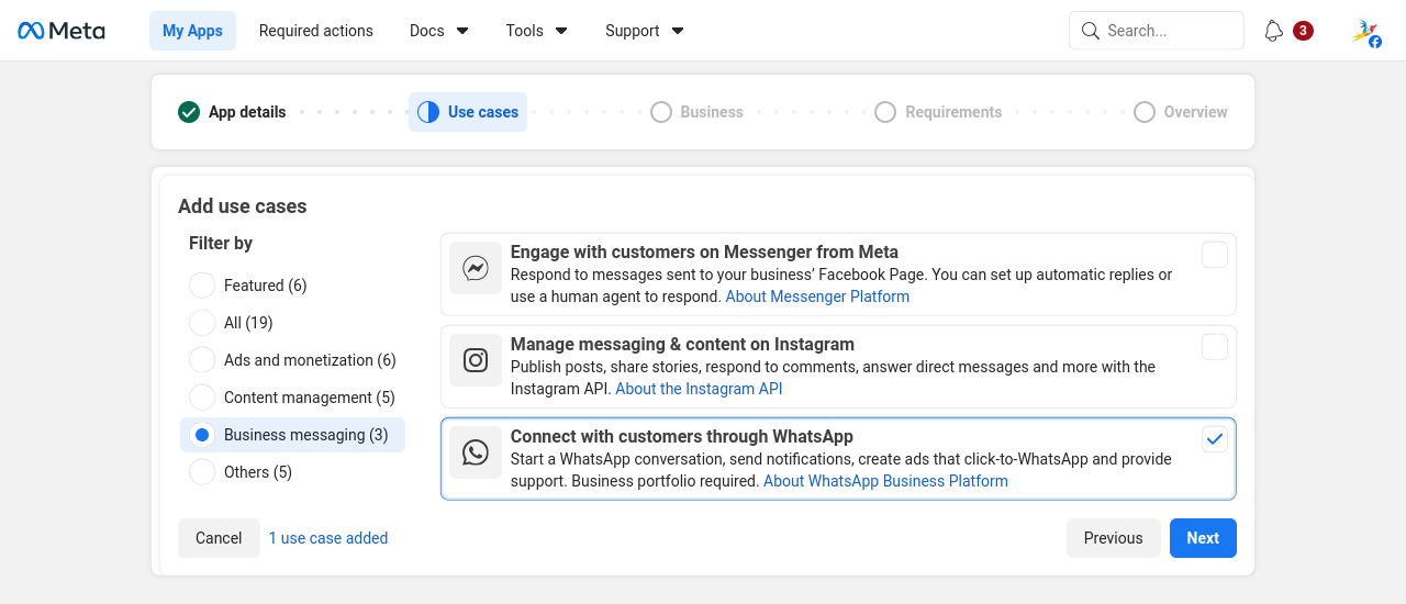 Meta app creation step 2